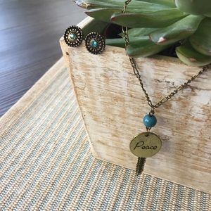 Antique Bronze Peace Pendant Necklace & Earrings